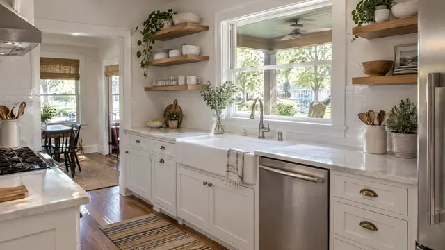 Remodeled kitchen in a small older home near downtown Chandler, Arizona with classic white cabinets, open shelving, a farmhouse sink and a window to a shaded front porch