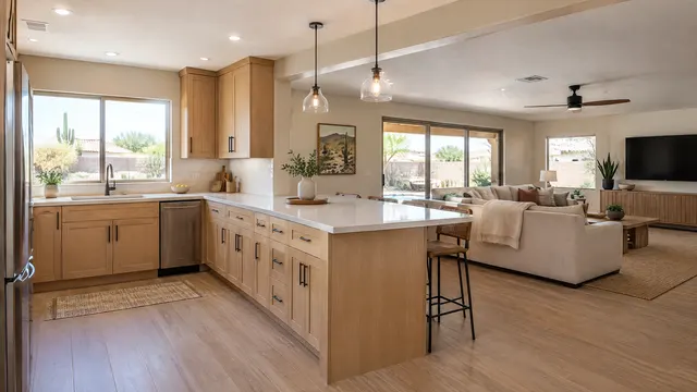 Remodeled kitchen in a 1980s single-story West Chandler ranch home, wall opened to the family room, light wood cabinets and a peninsula