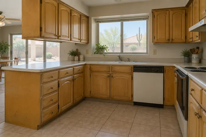 Dated maple kitchen cabinets with a yellowed finish and old knobs