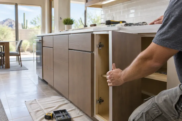 New slab doors being mounted on existing cabinet boxes during refacing