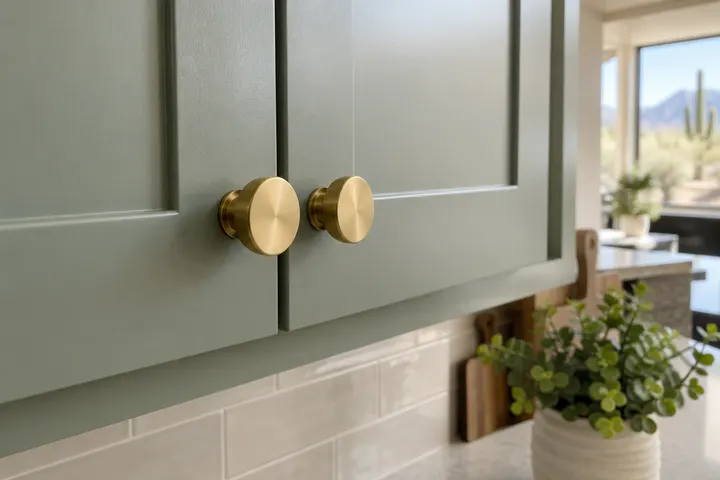 Close-up of brushed brass knobs on newly painted cabinet doors