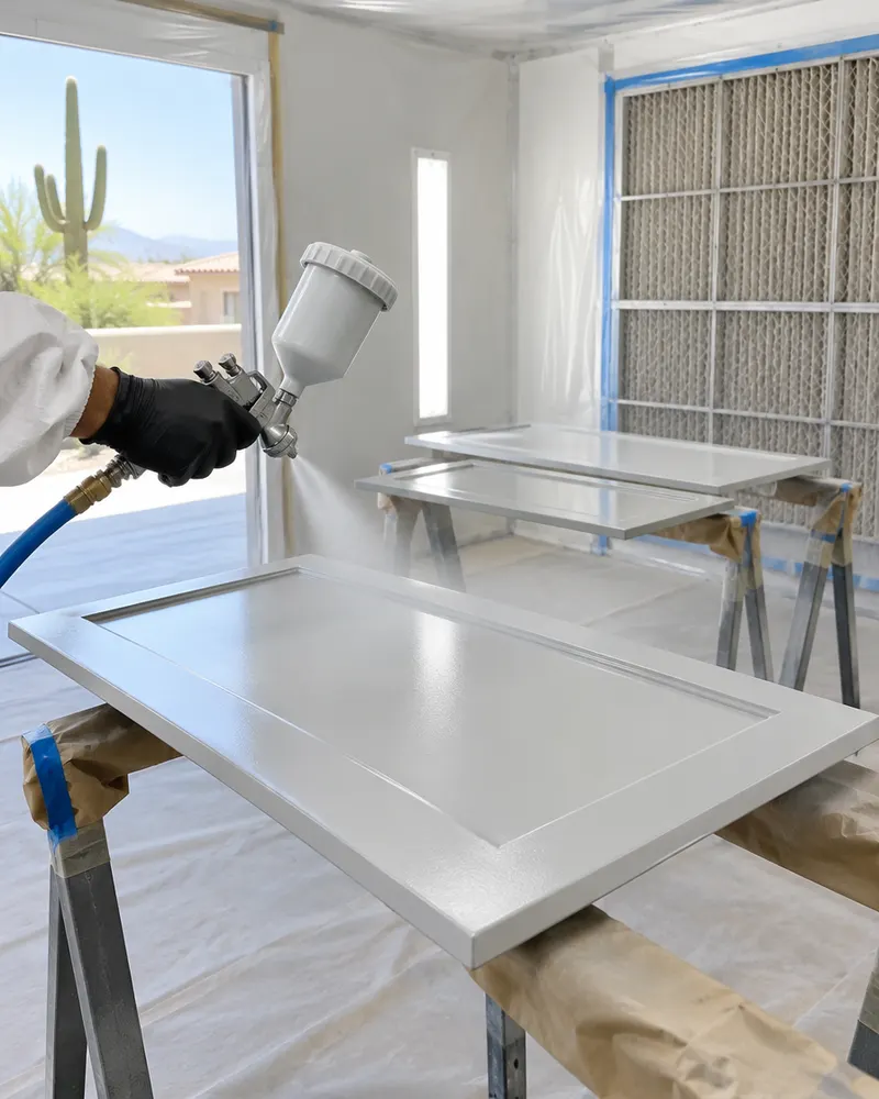Cabinet doors being sprayed with paint in a clean spray booth