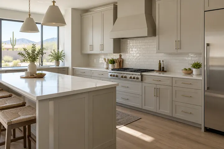 Kitchen cabinets painted soft greige with a smooth factory-like finish