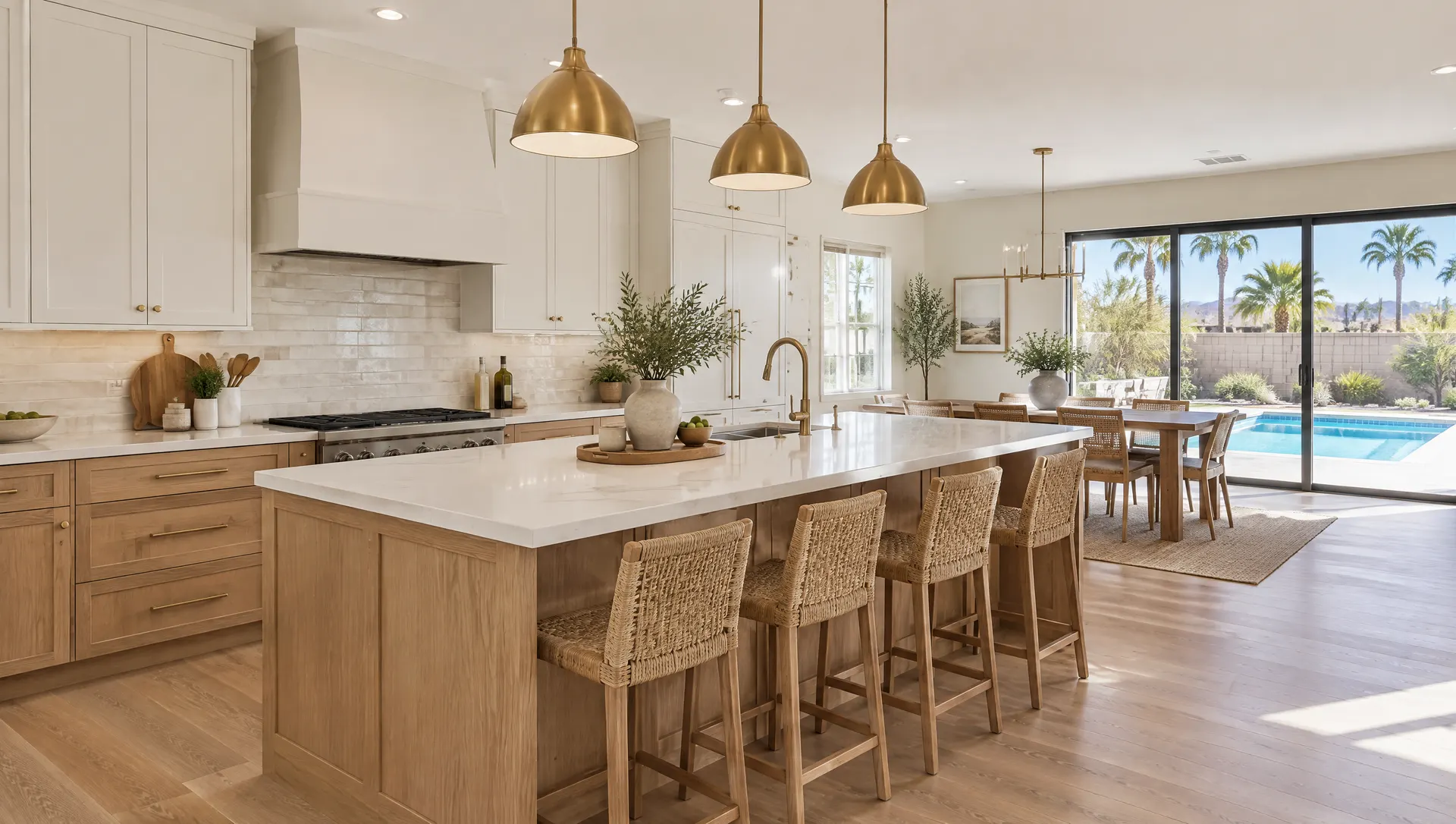 Bright remodeled family kitchen with warm white oak lower cabinets, soft white uppers, a long island with a honed quartz top and woven stools, brass pendants, and a sliding glass door to a backyard with a pool and palms
