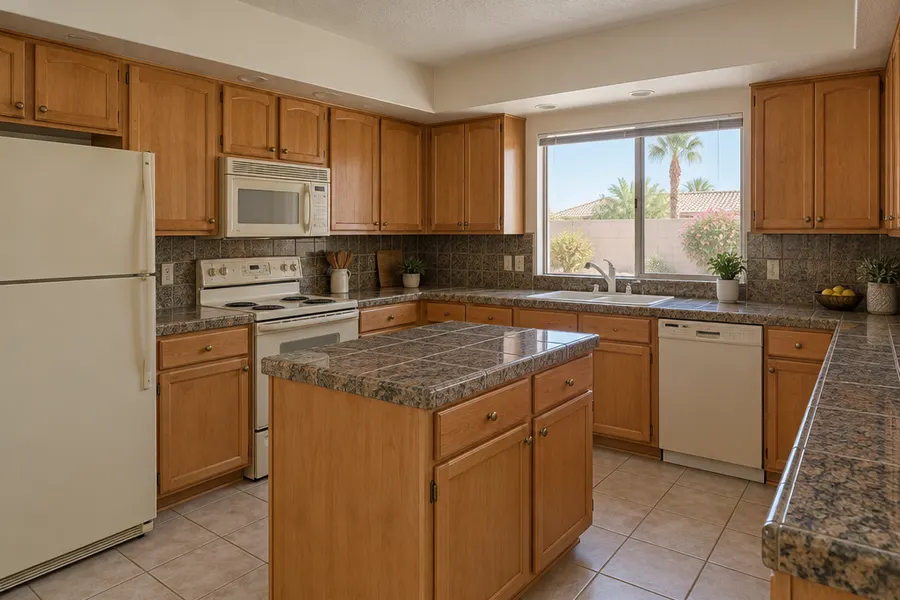 Dated Chandler kitchen before a remodel: maple cabinets under soffits, granite tile counters with grout lines, small island, almond-colored appliances