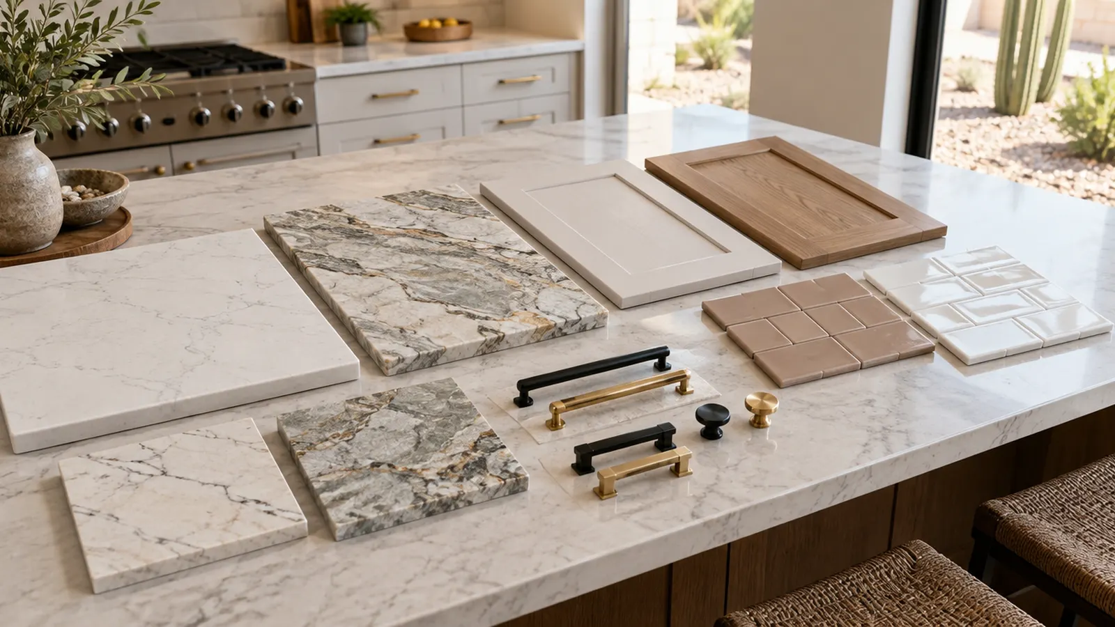 Kitchen design samples on an island: quartz and quartzite pieces, painted and wood cabinet door samples, clay and white tile, black and brass pulls
