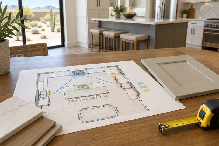Kitchen layout drawing with an island and work zones on a table beside a measuring tape and a cabinet door sample