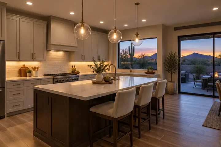 Kitchen at dusk with recessed lights, under-cabinet lighting and glowing pendants over an island