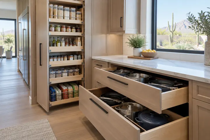 Tall pull-out pantry and deep pot drawers open in a new kitchen, neatly organized