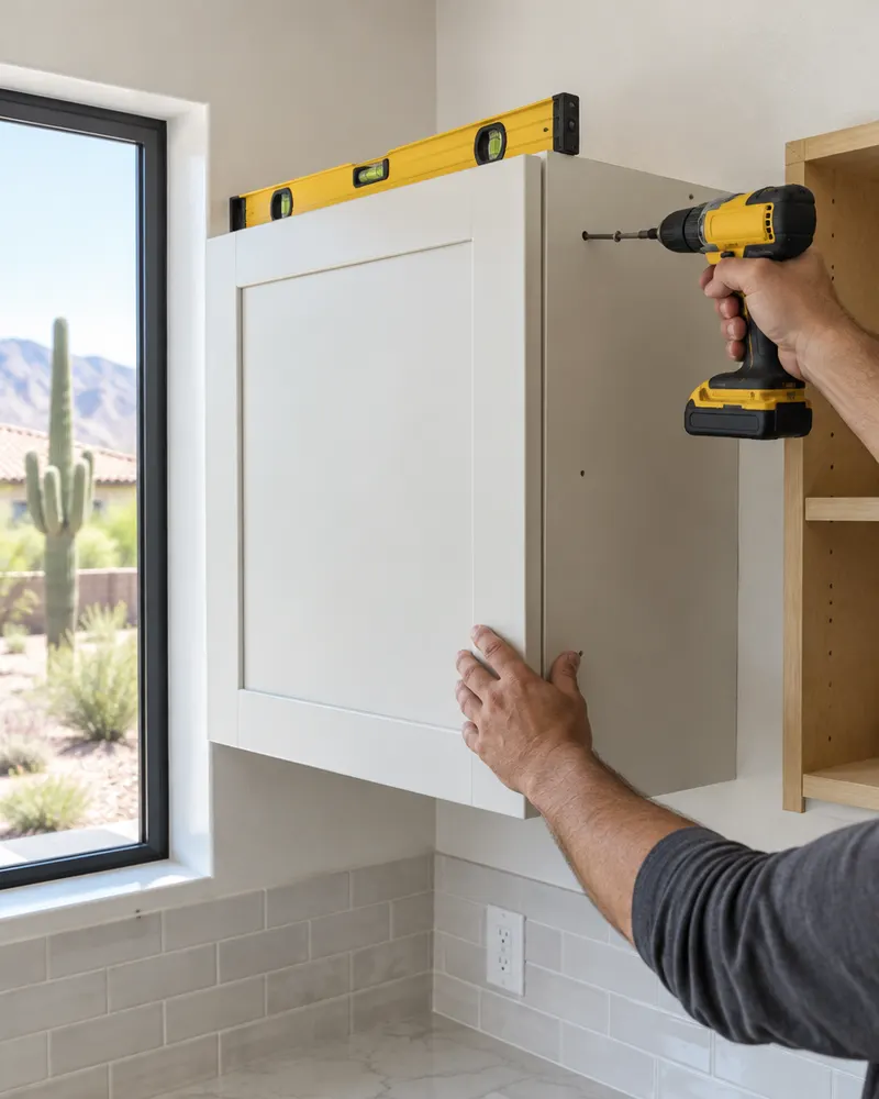 Installer's hands screwing a new wall cabinet into place with a level resting on top