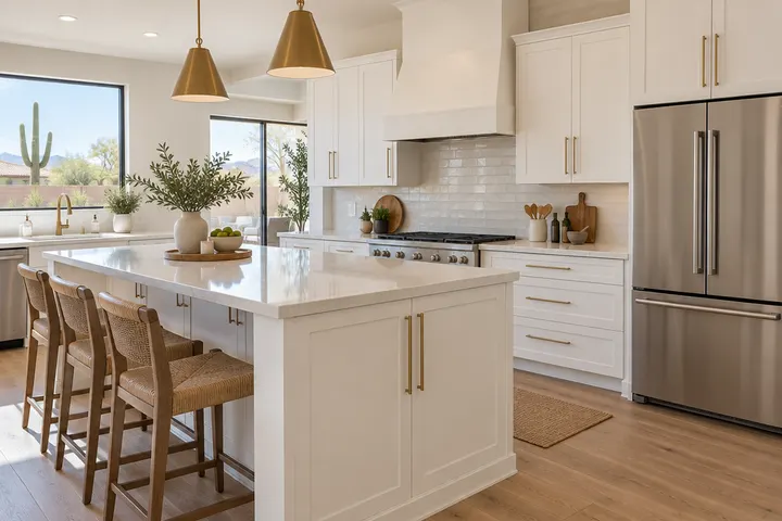 Soft white shaker cabinets with long brass bar pulls in a bright kitchen
