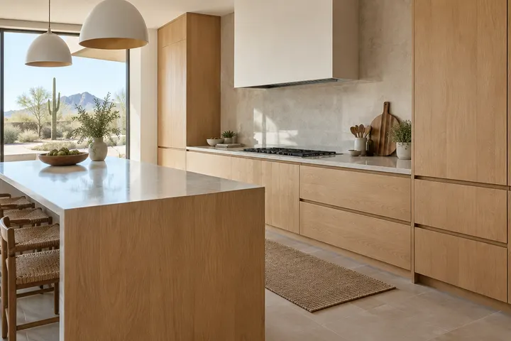 Natural white oak slab cabinets with integrated finger pulls