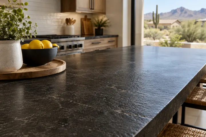 Dark leathered granite kitchen countertop with subtle texture