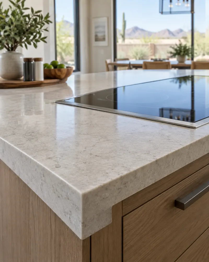 Close-up of a honed quartz countertop edge with a drop-in cooktop