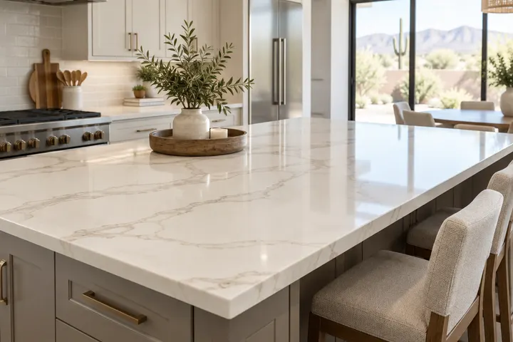 Warm white quartz countertop with soft taupe veining on a kitchen island