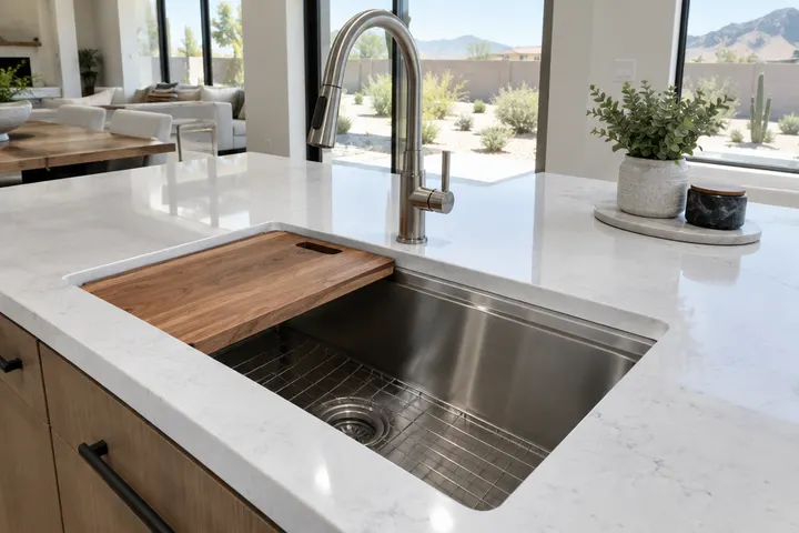 Stainless workstation sink undermounted in quartz with a cutting board insert