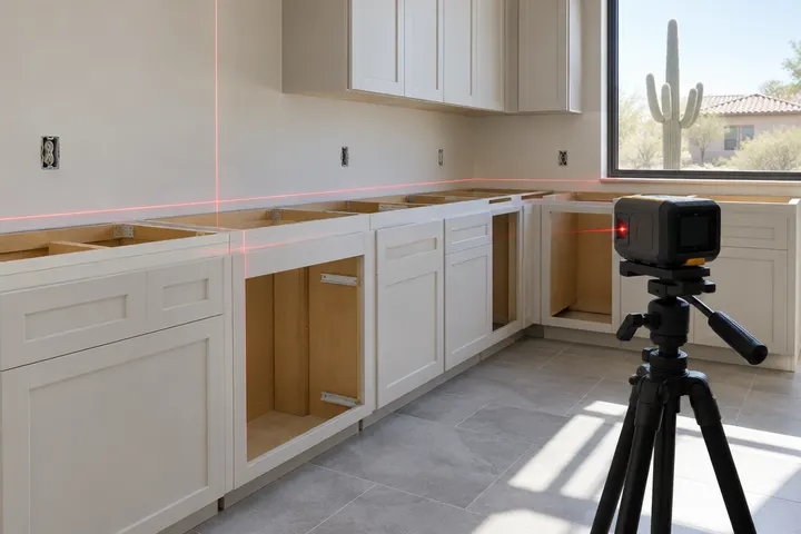 Digital laser templating tool measuring new base cabinets for countertops