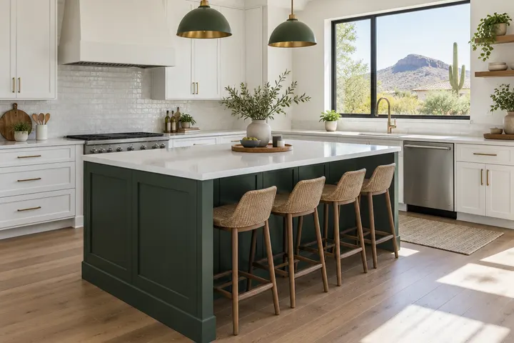 Forest green painted kitchen island contrasting with white perimeter cabinets