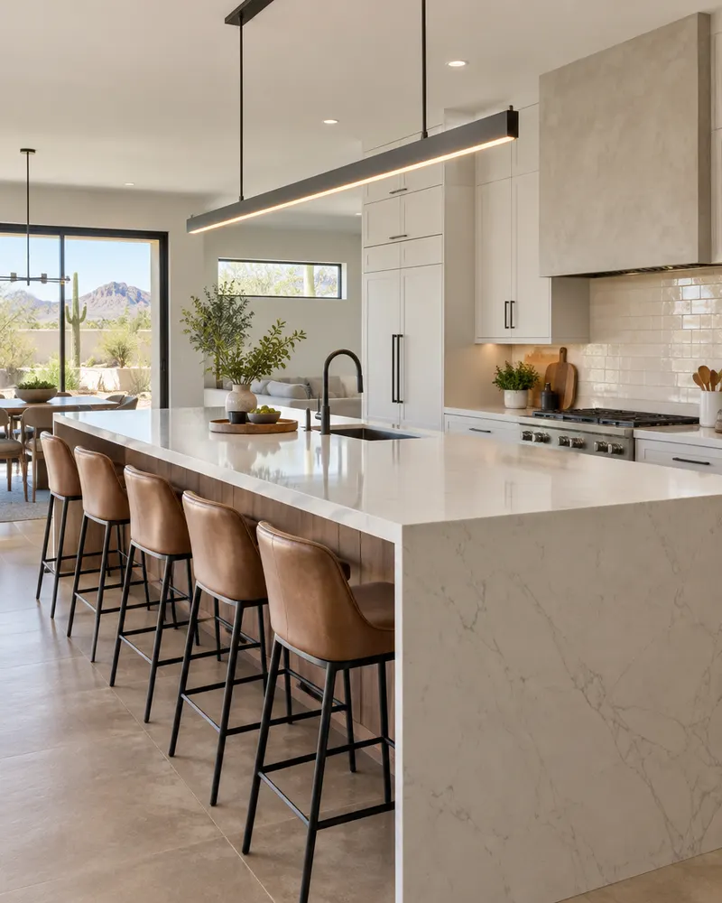 Long kitchen island with counter stools and modern linear pendant light