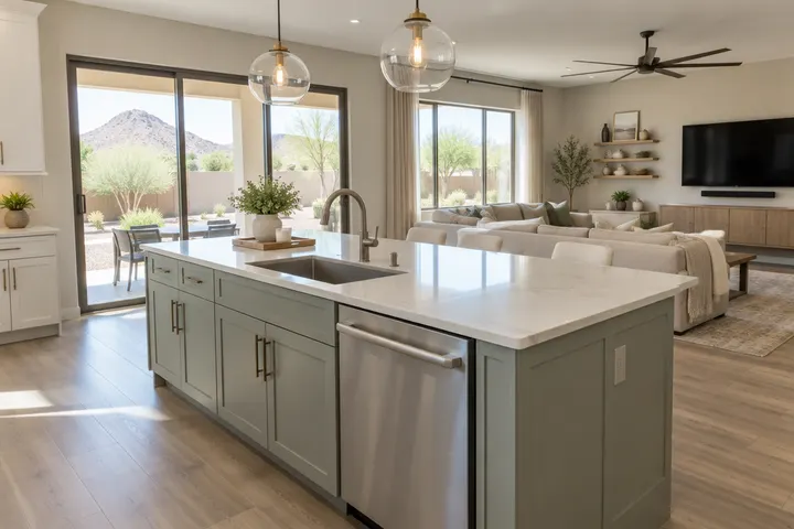 Kitchen island with the main sink and dishwasher facing the family room