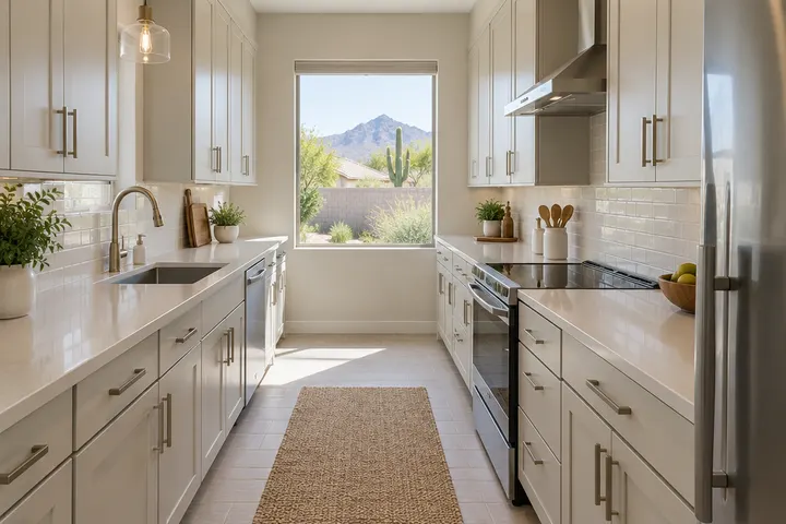 Remodeled narrow kitchen with cabinets on both sides, light finishes and a window at the end