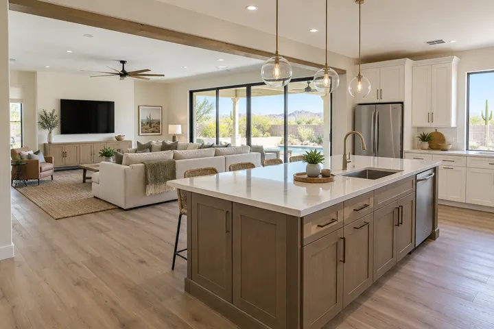 Open great room with a new kitchen island facing the living area after a wall was opened